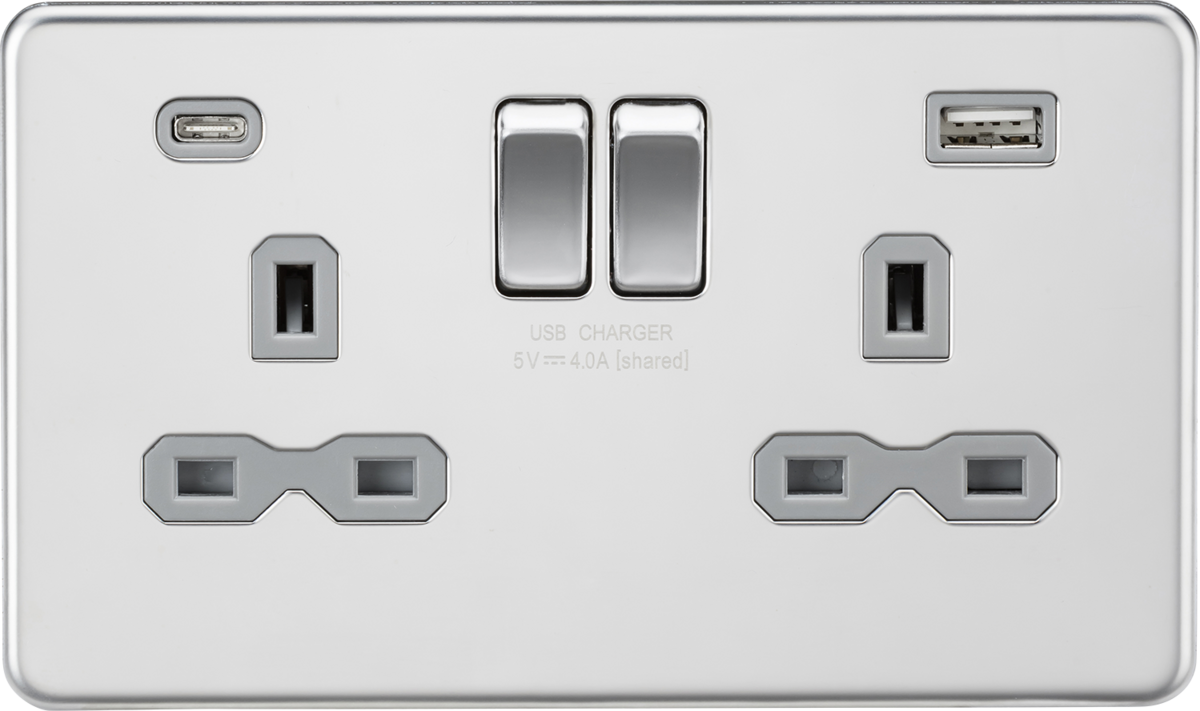 Polished Chrome 13A 2G Switched Socket with USB A+C