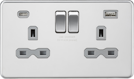 Polished Chrome 13A 2G Switched Socket with USB A+C