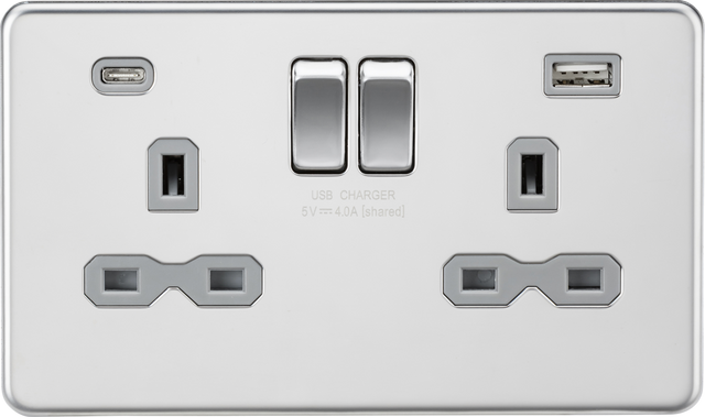 Polished Chrome 13A 2G Switched Socket with USB A+C