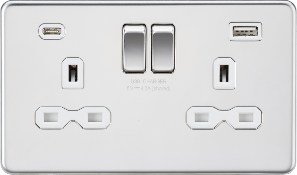 13A 2G SP Switched Socket with Dual USB A+C - Polished Chrome