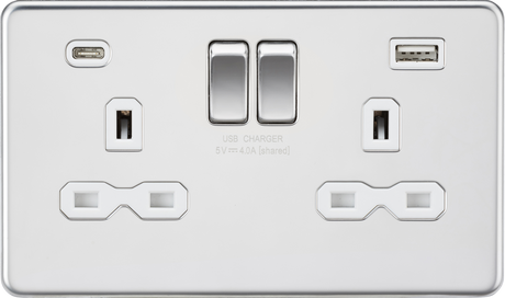 13A 2G SP Switched Socket with Dual USB A+C - Polished Chrome