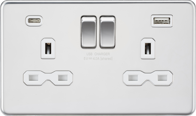13A 2G SP Switched Socket with Dual USB A+C - Polished Chrome