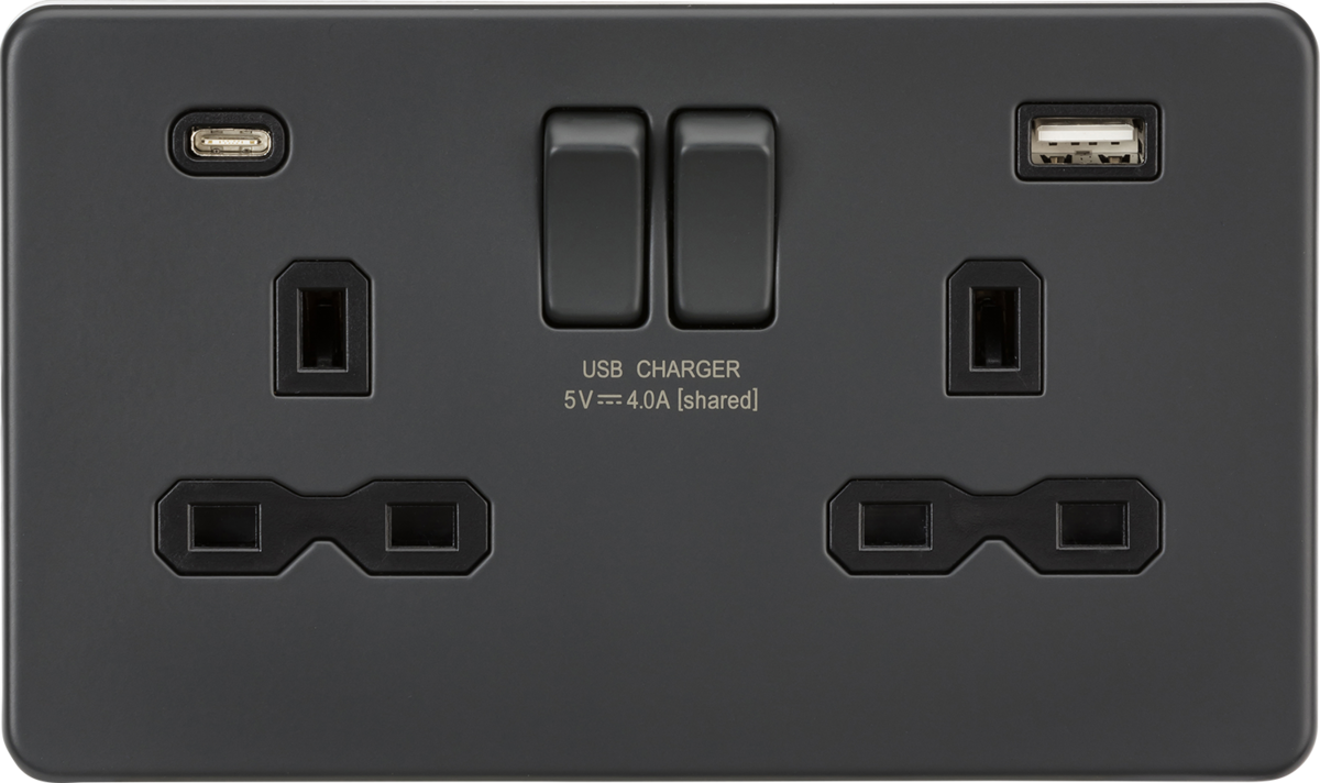 13A 2G SP Switched Socket with Dual USB A+C - Anthracite