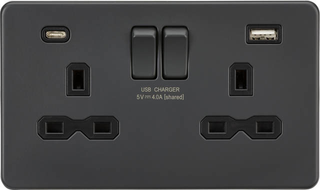13A 2G SP Switched Socket with Dual USB A+C - Anthracite