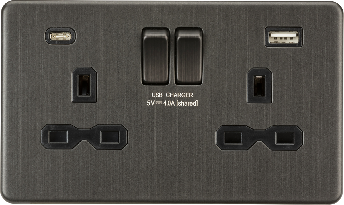 13A 2G SP Switched Socket with Dual USB A+C - Smoked Bronze
