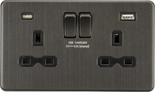13A 2G SP Switched Socket with Dual USB A+C - Smoked Bronze