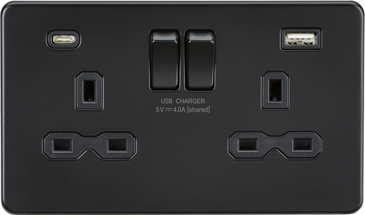 ML Accessories 13A 2G SP Switched Socket with Dual USB A+C - Matt Black