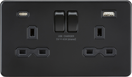 ML Accessories 13A 2G SP Switched Socket with Dual USB A+C - Matt Black