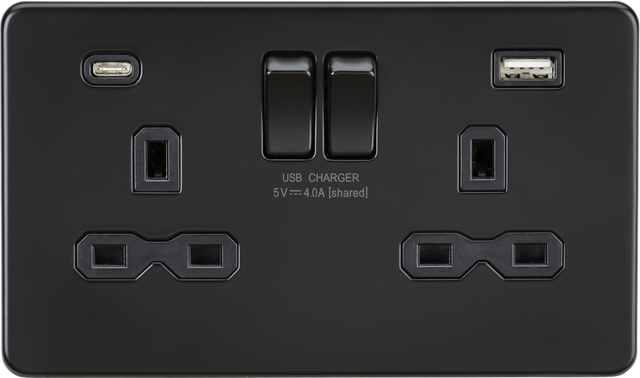 ML Accessories 13A 2G SP Switched Socket with Dual USB A+C - Matt Black
