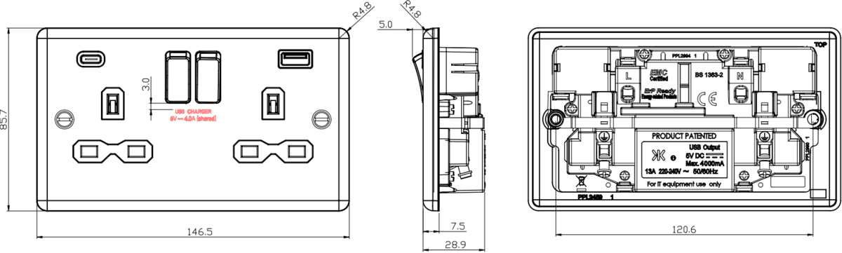 Brushed Chrome Dual USB Socket - Side View