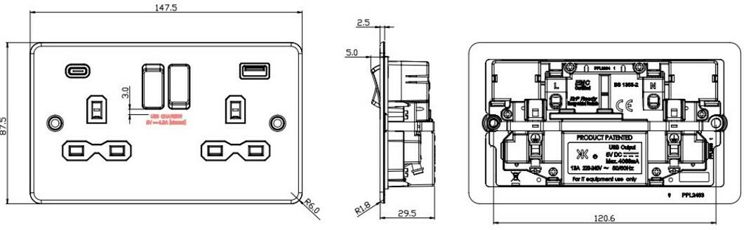 13A 2G SP Switched Socket with Dual USB A+C Side View