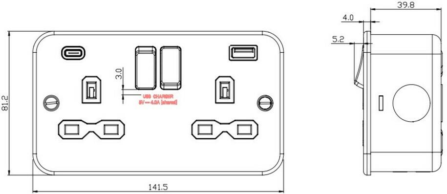 Metal Clad 13A 2G Switched Socket with Dual USB - Side View