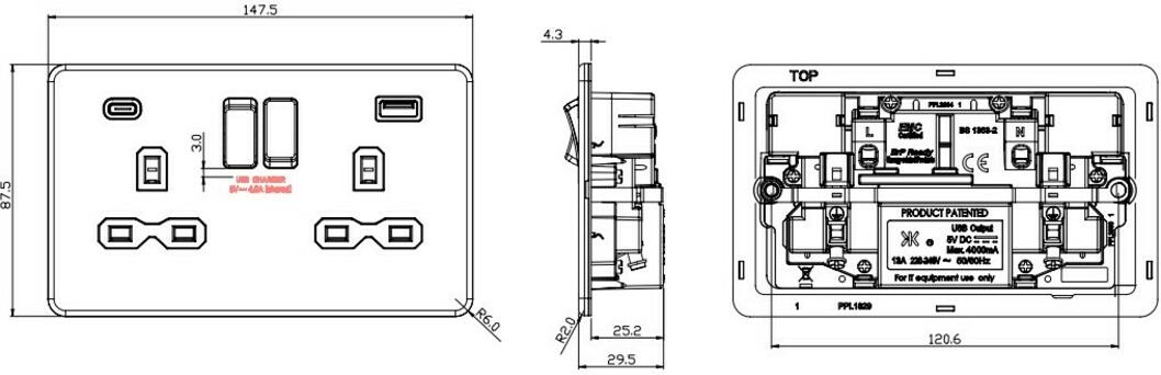 Alternative view of 13A 2G SP Switched Socket with Dual USB A+C
