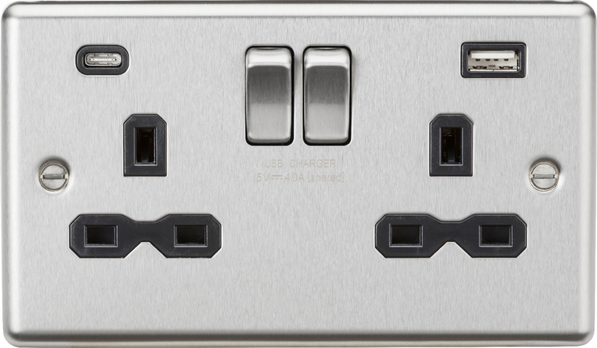 13A 2G SP Switched Socket with Dual USB C+A - Brushed Chrome
