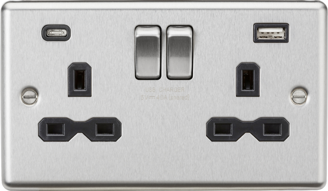 13A 2G SP Switched Socket with Dual USB C+A - Brushed Chrome