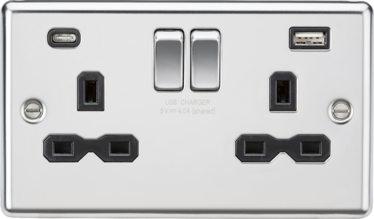 ML Accessories 13A 2G SP Switched Socket with Dual USB C+A, Polished Chrome with Black Insert
