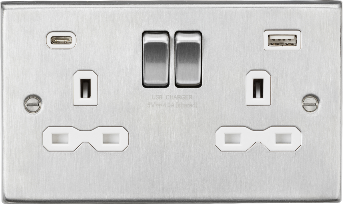 Brushed Chrome 13A 2G SP Switched Socket with Dual USB A+C