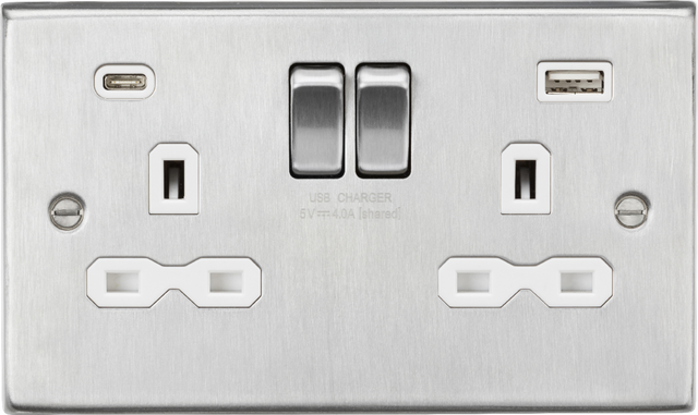 Brushed Chrome 13A 2G SP Switched Socket with Dual USB A+C