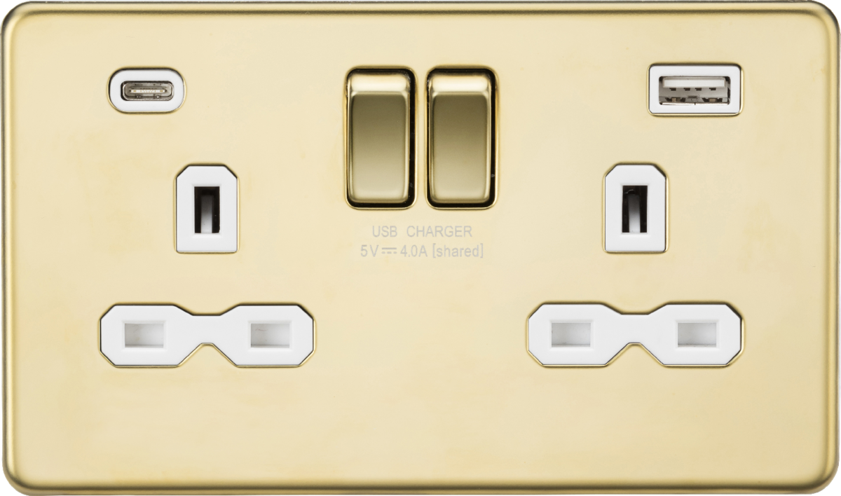 Polished Brass 13A 2G SP Switched Socket with Dual USB A+C