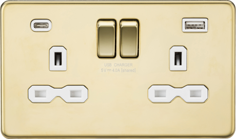 Polished Brass 13A 2G SP Switched Socket with Dual USB A+C