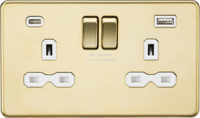 Polished Brass 13A 2G SP Switched Socket with Dual USB A+C