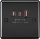 230V Triple USB Charger Plate - Matt Black