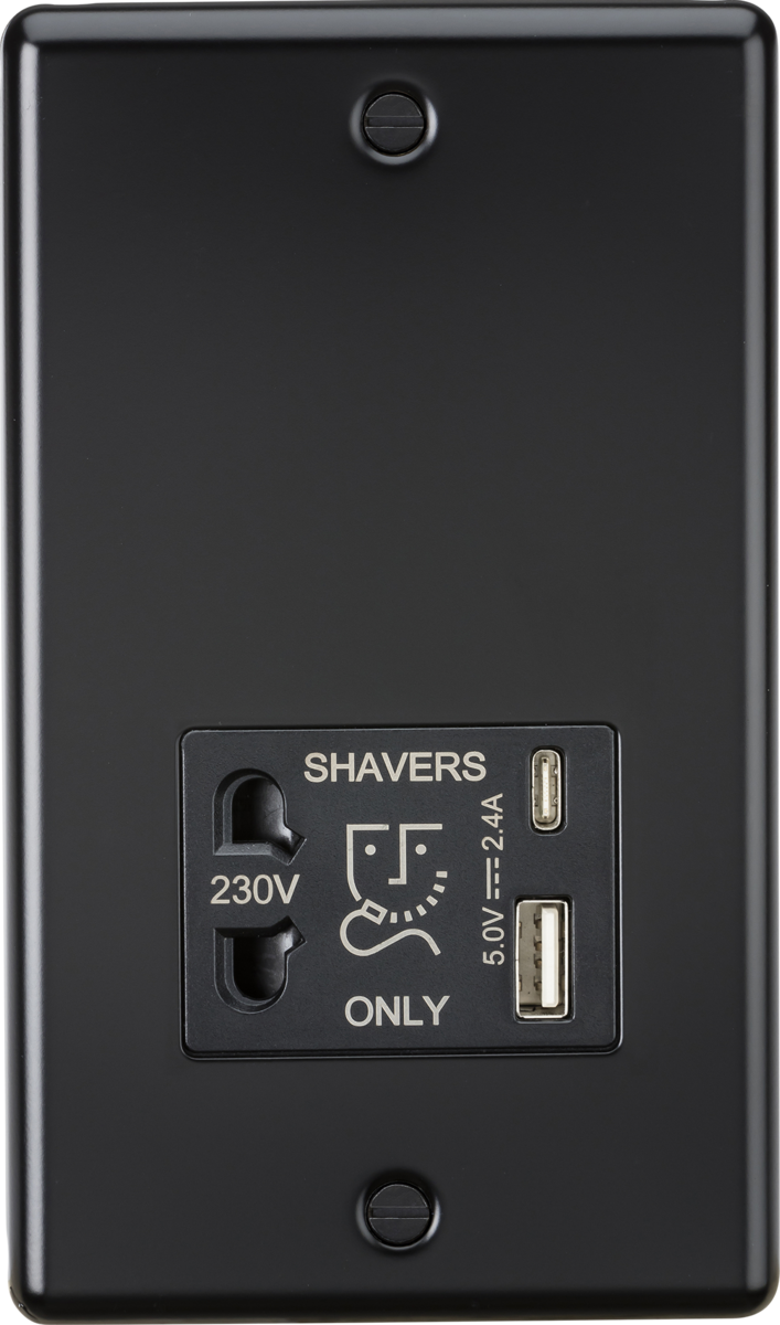 230V Shaver Socket with Dual USB A+C - Matt Black