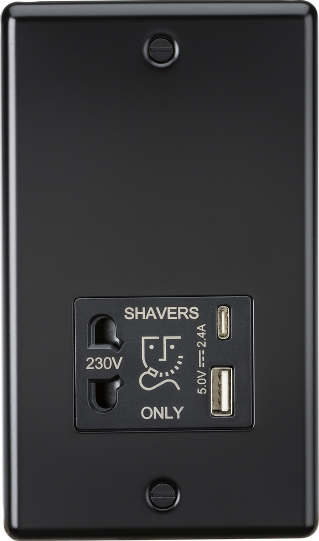 230V Shaver Socket with Dual USB A+C - Matt Black