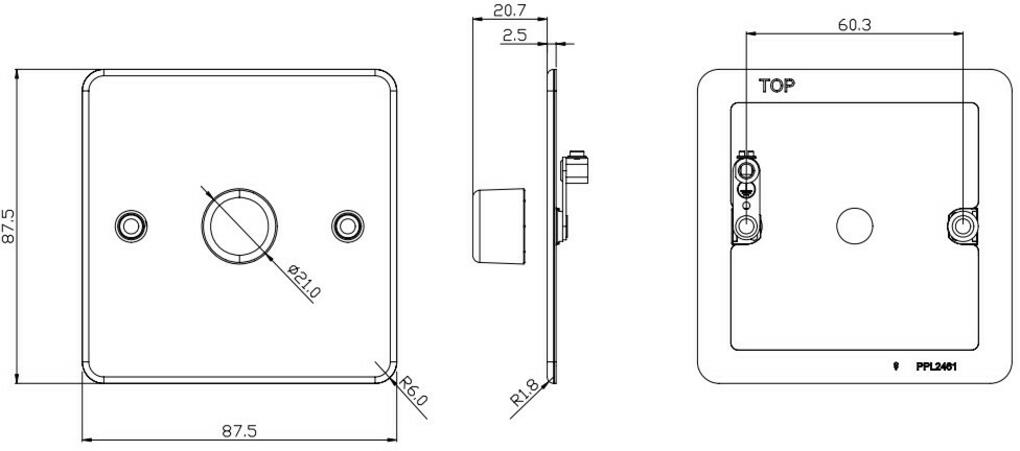 Side view of 1G Dimmer Plate with Matching Metal Dimmer Cap - Polished Chrome
