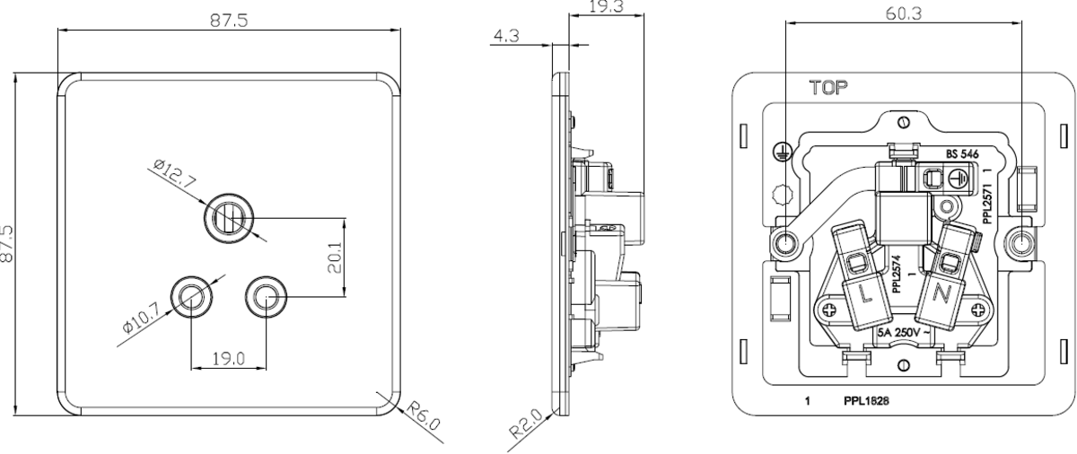 5A Unswitched Socket - Side View