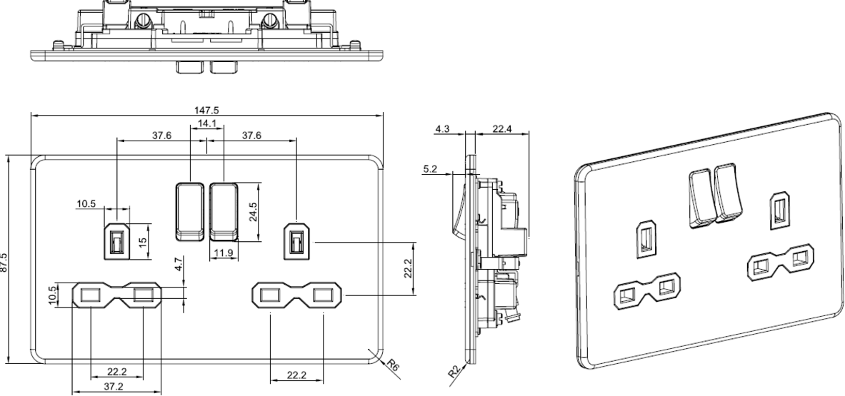 13A 2G DP Switched Socket Black Nickel - Additional View