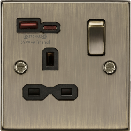 13A 1G SP Switched Socket with Dual USB A+C - Antique Brass Finish