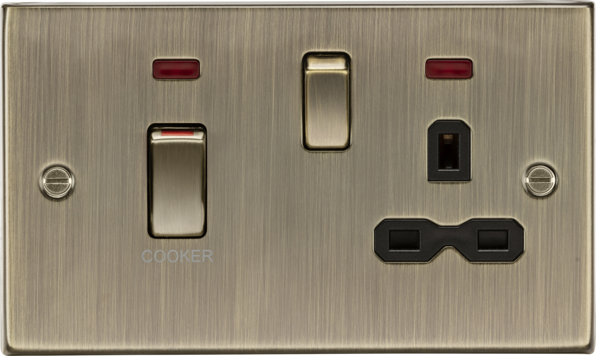 45A DP Switch & 13A Socket with Neons - Antique Brass with Black Insert