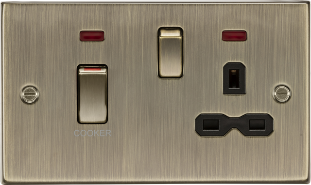 45A DP Switch & 13A Socket with Neons - Antique Brass with Black Insert