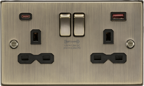 13A 2G DP Switched Socket with Dual USB A+C - Antique Brass