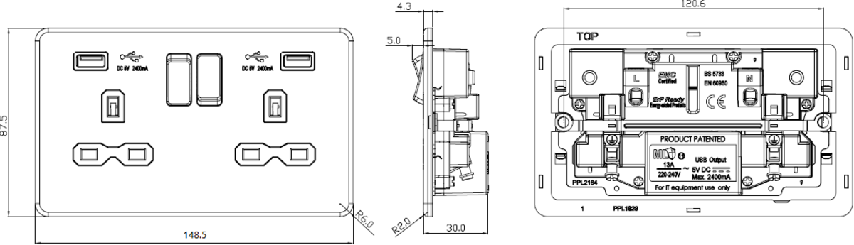 Additional view of 13A 2G Switched Socket with Dual USB A+A - Brushed Chrome