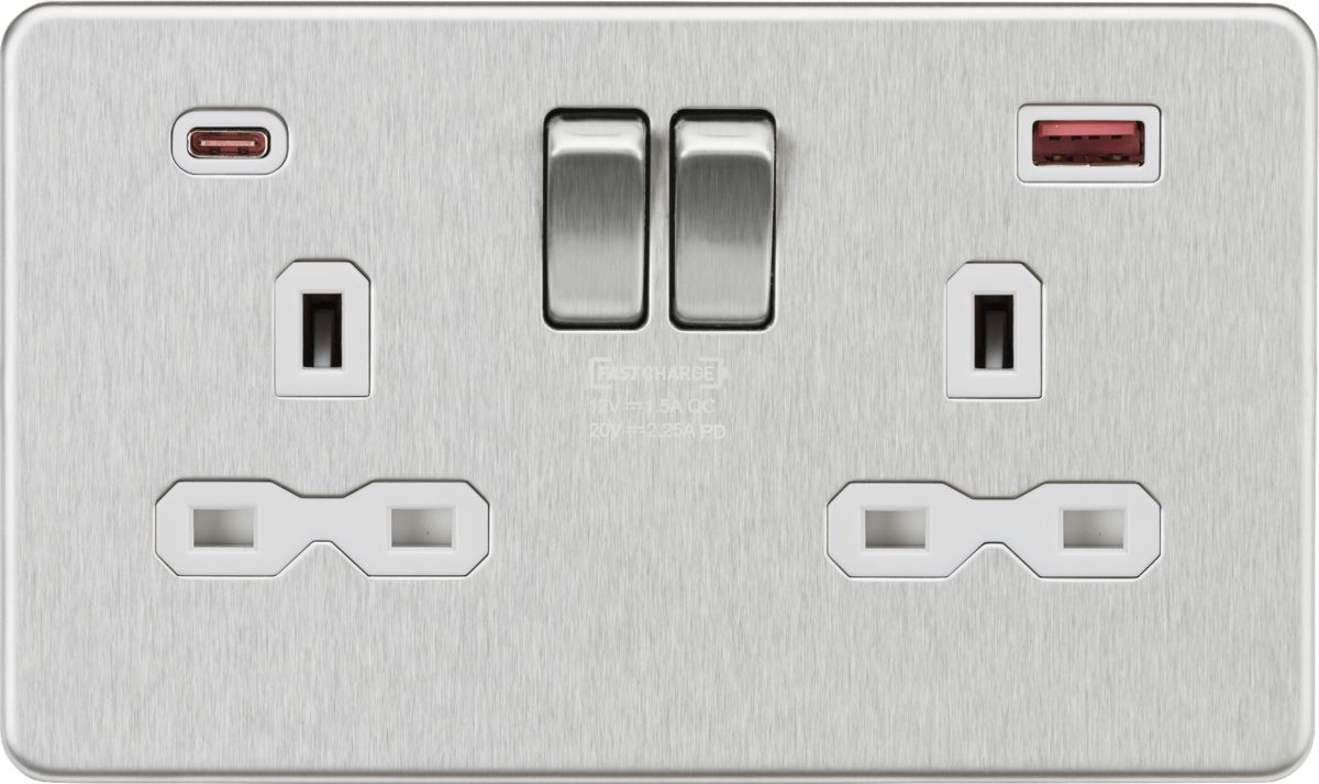 13A 2G DP Switched Socket with Dual USB A+C in Brushed Chrome