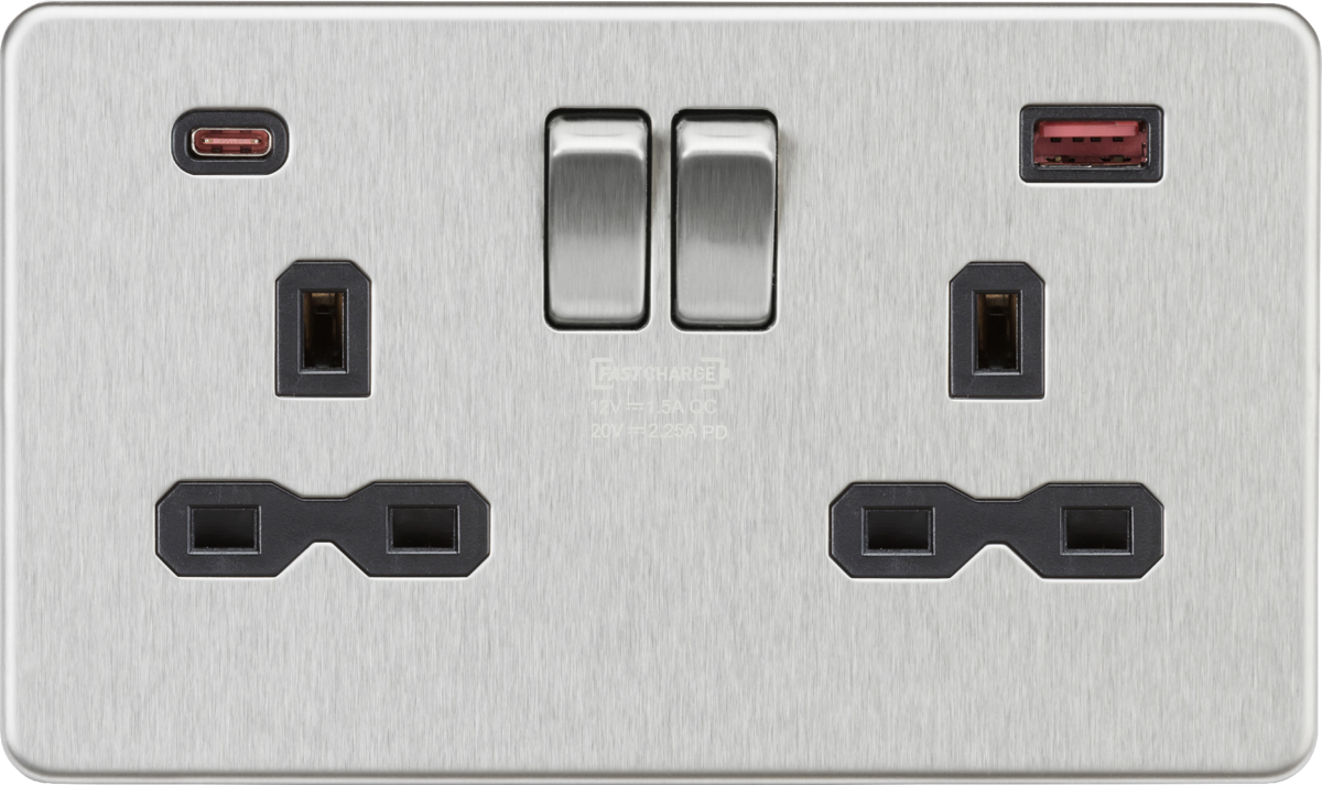 13A 2G DP Switched Socket with Dual USB A+C - Brushed Chrome