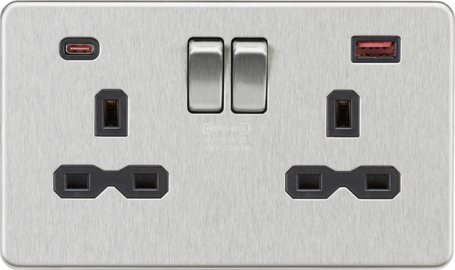 13A 2G DP Switched Socket with Dual USB A+C - Brushed Chrome