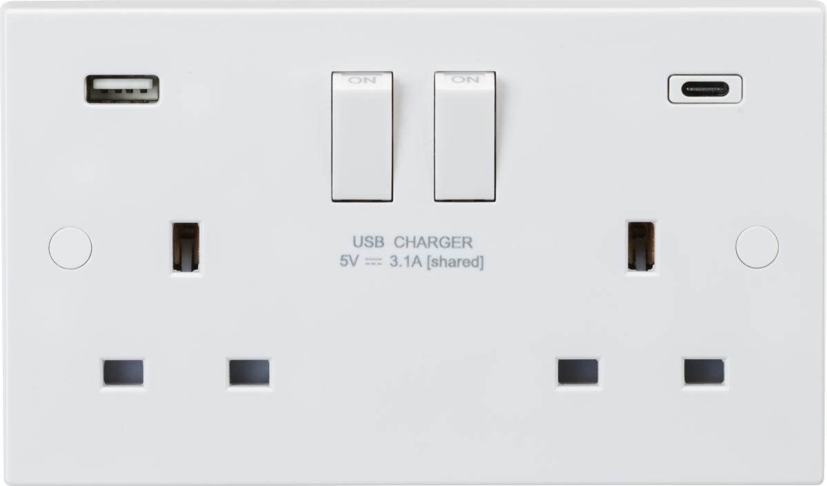 13A 2G DP Switched Socket with Dual USB A+C - Front View