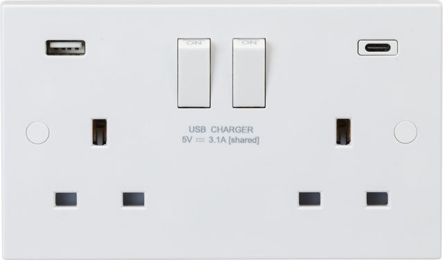 13A 2G DP Switched Socket with Dual USB A+C - Front View