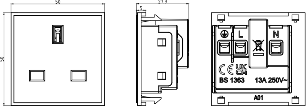 Alternative view of 13A 1G Unswitched Socket Module - White
