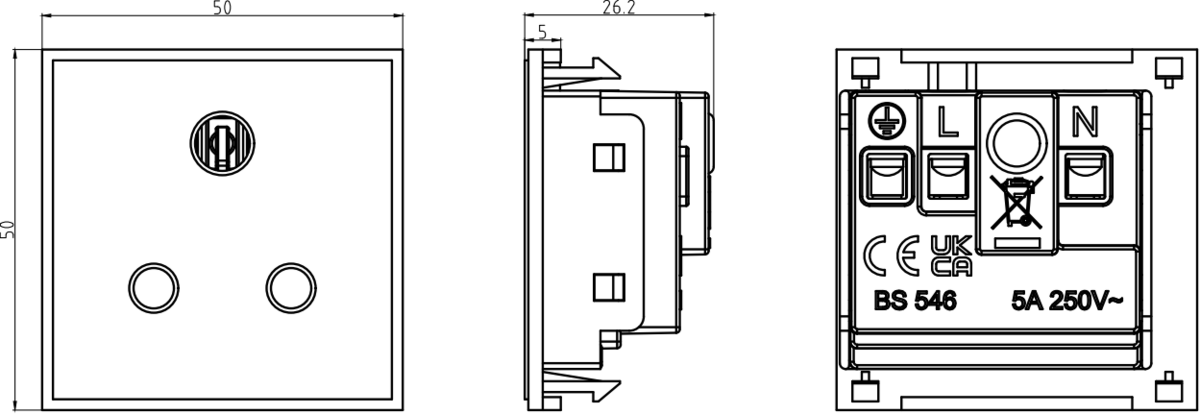 5A Unswitched Round Socket Module White - Side View