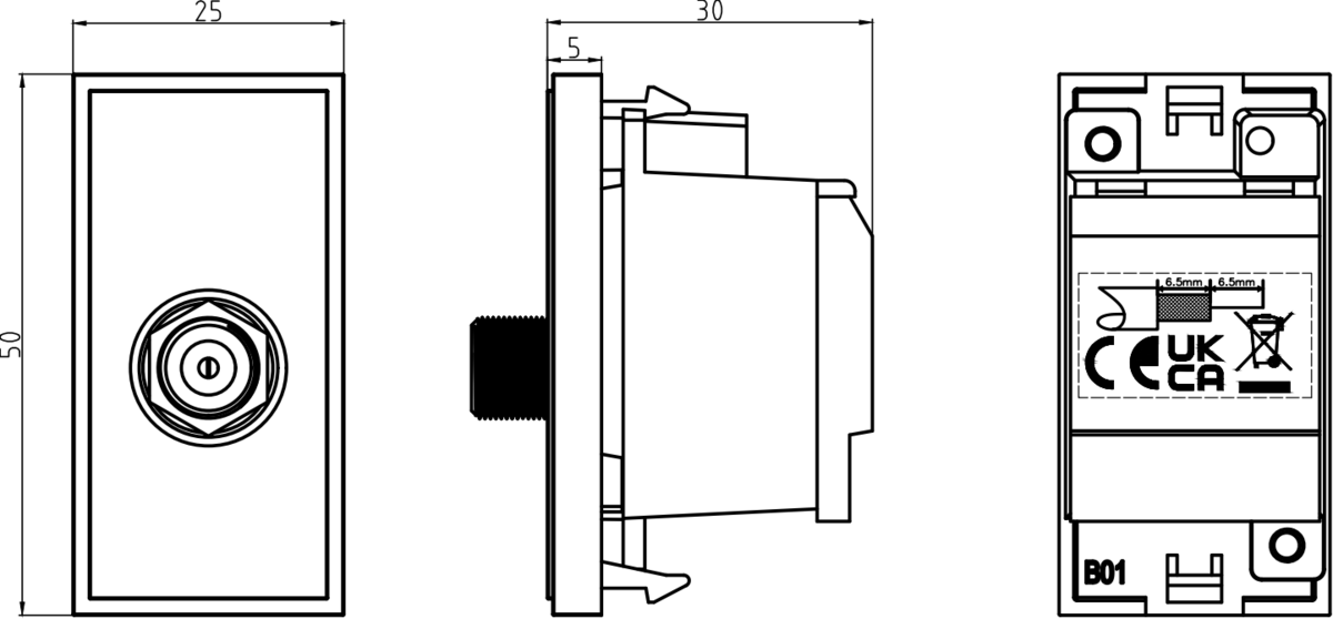 Screened SAT TV Outlet Module 25 x 50mm - Black Image