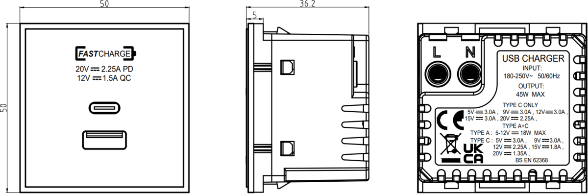 Alternate view of Dual USB A+C Charger Module - White