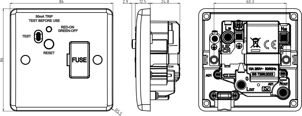 13A RCD Fused Spur Unit Side View