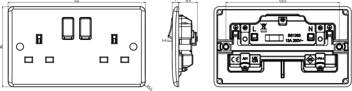 13A 2G DP Switched Socket side view