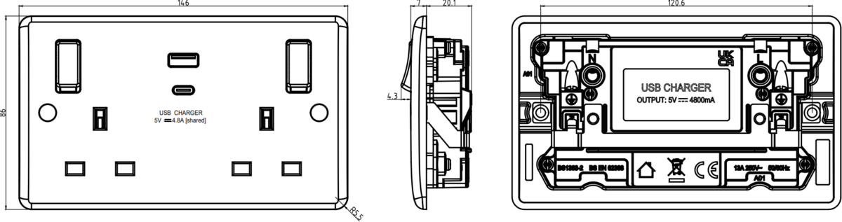Detailed view of 13A 2G Switched Socket with Dual USB A+C
