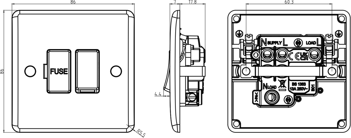 Curved Edge 13A Switched Fused Spur Wiring Accessory