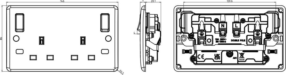 Curved Edge Anthracite 13A 2G DP Socket Image
